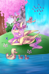 Size: 800x1197 | Tagged: safe, artist:jayfrost71, fluttershy, bird, butterfly, duck, pegasus, pony, blushing, floral head wreath, flower, heart eyes, lake, prone, smiling, solo, tree, water, waterfall, wingding eyes