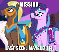 Size: 600x531 | Tagged: safe, edit, edited screencap, screencap, amira, haakim, princess celestia, alicorn, pony, saddle arabian, magic duel, bridle, cropped, female, image macro, male, mare, meme, missing, night, ponyville, saddle blanket, stallion, tack