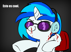 Size: 550x400 | Tagged: safe, artist:benja, dj pon-3, vinyl scratch, pony, unicorn, blood, headphones, nosebleed, spanish