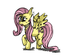 Size: 1300x1000 | Tagged: safe, artist:jodi sli, fluttershy, pegasus, pony, confused, open mouth, raised hoof, shading, simple background, solo, spread wings, surprised, white background, wings