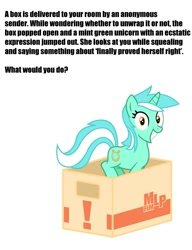 Size: 759x986 | Tagged: safe, lyra heartstrings, box, bronybait, excited, irrational exuberance, meme, text, what do