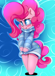 Size: 2100x2900 | Tagged: safe, artist:madacon, pinkie pie, anthro, unguligrade anthro, blushing, chibi, clothes, color porn, cute, diapinkes, looking up, open mouth, solo, sweater