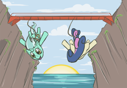 Size: 800x553 | Tagged: dead source, safe, artist:acidandgrit, bon bon, lyra heartstrings, sweetie drops, earth pony, pony, unicorn, bridge, bungee jumping, duo, falling, rope, smiling