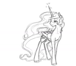 Size: 1273x1114 | Tagged: safe, artist:bri-sta, princess celestia, alicorn, pony, female, grayscale, mare, missing accessory, monochrome, simple background, sketch, solo, unshorn fetlocks, white background