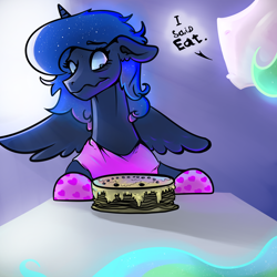 Size: 2000x2000 | Tagged: safe, artist:mylittlegodzilla, princess celestia, princess luna, alicorn, pony, cake, female, food, mare, nervous grin, pancakes, this will end in death, this will end in food poisoning