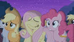 Size: 400x225 | Tagged: source needed, useless source url, safe, screencap, applejack, cherry cola, cherry fizzy, cloud kicker, coco crusoe, fluttershy, lucky clover, pinkie pie, earth pony, pegasus, pony, no second prances, animated, discovery family logo, faint, gif, reaction image