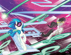 Size: 981x756 | Tagged: safe, artist:tonyfleecs, idw, dj pon-3, octavia melody, vinyl scratch, earth pony, pony, cover, tron