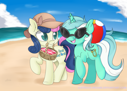 Size: 2100x1500 | Tagged: safe, artist:lustrous-dreams, bon bon, lyra heartstrings, sweetie drops, earth pony, pony, unicorn, ball, basket, beach, beach ball, colored pupils, duo, hat, mouth hold, ocean, picnic basket, raised hoof, smiling, sun hat, sunglasses, walking