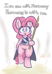 Size: 1200x1700 | Tagged: safe, artist:heir-of-rick, pinkie pie, earth pony, pony, bipedal, cape, chirrut imwe, clothes, crossover, looking at you, no pupils, quote, rogue one: a star wars story, solo, stick