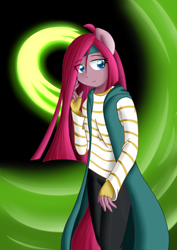 Size: 2480x3507 | Tagged: safe, artist:zeskii, pinkie pie, anthro, clothes, female, kamen rider, kamen rider double, kamen rider w, phillip, pinkamena diane pie, solo