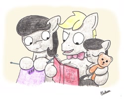 Size: 1927x1544 | Tagged: safe, artist:bobthedalek, octavia melody, oc, oc:mixed melody, oc:octavia's father, oc:octavia's mother, oc:ostinato melody, earth pony, pony, book, father and child, father and daughter, female, filly, knitting, male, parent, parent and child, reading, sleeping, sweet dreams fuel, teddy bear