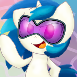 Size: 800x800 | Tagged: safe, artist:twithehedgehog, dj pon-3, vinyl scratch, pony, unicorn, color, colored, colourful, cool, cute, floppy ears, goggles, happy, looking at you, musician, solo, vinylbetes