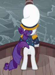Size: 211x285 | Tagged: safe, screencap, rarity, pony, unicorn, ppov, animated, boat, captain rarity, cropped, face not visible, female, gif, hat, mare, ocean, outfit, plot, ship, solo, water