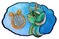 Size: 1500x990 | Tagged: safe, artist:mrs1989, lyra heartstrings, pony, unicorn, lidded eyes, lyre, magic, musical instrument, smiling, solo, telekinesis