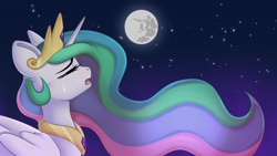 Size: 1920x1080 | Tagged: safe, artist:xcinnamon-twistx, derpibooru import, princess celestia, alicorn, pony, crown, crying, eyes closed, flowing mane, jewelry, lullaby for a princess, moon, necklace, night, open mouth, regalia, sad, singing, solo, wallpaper