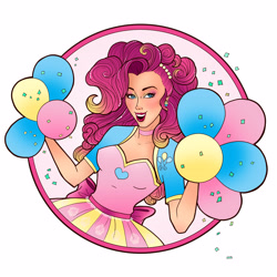 Size: 4962x4962 | Tagged: safe, artist:amy-hands, pinkie pie, human, absurd resolution, balloon, beautiful, blue eyes, colored pupils, confetti, cute, eyeshadow, frame, humanized, lipstick, makeup, open mouth, pink hair, simple background, solo, white background