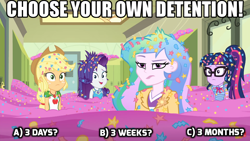 Size: 1024x576 | Tagged: safe, edit, edited screencap, screencap, applejack, princess celestia, principal celestia, rarity, sci-twi, twilight sparkle, best trends forever, best trends forever: pinkie pie, better together, equestria girls, canterlot high, celestia is not amused, confetti, embarrassed grin, exploitable meme, geode of shielding, geode of super strength, geode of telekinesis, glasses, image macro, imminent detention, lockers, meme, messy hair, not this shit again, ponytail, raised eyebrow, this will end in detention, unamused