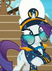 Size: 1024x1398 | Tagged: safe, screencap, rarity, pony, unicorn, ppov, boat, captain hat, captain rarity, clothes, cropped, female, hat, mare, raised hoof, ship, solo focus, sunglasses