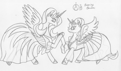 Size: 1000x586 | Tagged: safe, artist:sepiakeys, princess celestia, princess luna, alicorn, pony, alicorns only, clothes, dress, duo, duo female, female, queens, royal sisters, traditional art