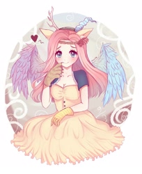 Size: 2018x2477 | Tagged: safe, artist:trevica, fluttershy, human, blushing, clothes, dress, ear fluff, eared humanization, gloves, hairband, heart, heart eyes, humanized, implied discoshy, implied shipping, implied straight, looking at you, smiling, solo, wingding eyes, winged humanization, wings