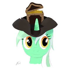 Size: 800x800 | Tagged: safe, artist:kasaler, lyra heartstrings, pony, unicorn, bust, chest, female, hat, mare, pirate, pirate hat, portrait, simple background, smiling, solo, team fortress 2, treasure chest, tricorne, white background