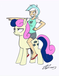 Size: 10200x13200 | Tagged: safe, artist:johnjoseco, artist:smg-73, bon bon, lyra heartstrings, sweetie drops, human, absurd resolution, bon bon is not amused, clothes, female, humanized, humans riding ponies, lesbian, lyrabon, pointing, riding, sandals, shipping, simple background, smiling, unamused, white background