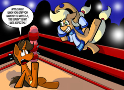 Size: 792x576 | Tagged: safe, artist:pembroke, applejack, oc, oc:scroll scribe, earth pony, pony, aj styles, appajack, imminent pain, scrolljack, wrestling