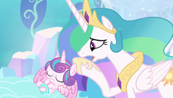 Size: 1280x720 | Tagged: safe, screencap, princess celestia, princess flurry heart, alicorn, pony, the crystalling, baby, baby pony, ethereal mane, eyes closed, female, mare