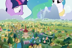 Size: 903x608 | Tagged: safe, artist:hereward, princess celestia, twilight sparkle, alicorn, pony, accident, giant pony, giantlestia, macro, ponyville, ponyville town hall, scenery, town