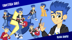 Size: 1920x1080 | Tagged: safe, derpibooru import, flash sentry, pegasus, pony, equestria girls, clothes, cute, cutie mark, dress, guitar, jacket, male, musical instrument, open mouth, pants, shoes, solo, stallion, vector, wallpaper