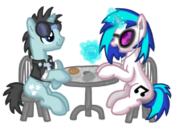 Size: 6000x4800 | Tagged: safe, artist:inkrose98, dj pon-3, neon lights, rising star, vinyl scratch, pony, unicorn, absurd resolution, background pony, clothes, date, earbuds, female, glasses, male, shipping, shirt, straight, table, vinylights