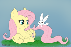 Size: 1000x667 | Tagged: safe, artist:empyu, angel bunny, fluttershy, pegasus, pony, rabbit, cute, duo, female, folded wings, looking at each other, looking back, mare, shyabetes, simple background, smiling