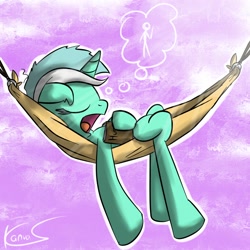 Size: 1000x1000 | Tagged: safe, artist:kanvas-chan, lyra heartstrings, human, pony, unicorn, book, dream, eyes closed, hammock, humie, incorrect leg anatomy, open mouth, sleeping, solo, that pony sure does love humans