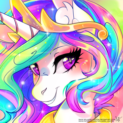 Size: 2449x2449 | Tagged: safe, artist:wilvarin-liadon, princess celestia, alicorn, pony, bust, crown, female, jewelry, looking at you, mare, portrait, regalia, solo