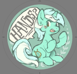 Size: 343x330 | Tagged: safe, artist:mi-eau, lyra heartstrings, pony, unicorn, button, female, hand, mare, one word, solo, that pony sure does love hands