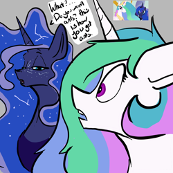 Size: 1260x1261 | Tagged: safe, artist:greyscaleart, princess celestia, princess luna, alicorn, pony, ant, ants, archer (show), atg 2018, avengers: infinity war, constellation, constellation freckles, crossover, dialogue, female, freckles, gray background, implied thanos, mare, mp3 player, newbie artist training grounds, royal sisters, simple background, speech bubble