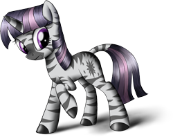 Size: 1078x853 | Tagged: safe, artist:sirzi, derpibooru import, twilight sparkle, zebra, zebracorn, :t, confused, female, frown, looking back, mare, raised hoof, simple background, solo, species swap, transparent background, wide eyes, zebrafied