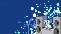 Size: 1920x1080 | Tagged: safe, artist:stimpyrules, derpibooru import, dj pon-3, vinyl scratch, pony, unicorn, female, mare, smiling, solo, speakers, sunglasses, turntable, wallpaper