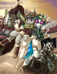 Size: 965x1250 | Tagged: safe, artist:siberwar, dj pon-3, octavia melody, vinyl scratch, earth pony, pony, unicorn, bandage, bomber jacket, clothes, crossover, driving, female, grenade, helmet, hooves, horn, mare, military, sunglasses, tank (vehicle), tank girl, teeth, weapon