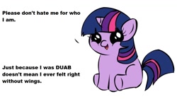 Size: 1194x668 | Tagged: safe, derpibooru import, twilight sparkle, twilight sparkle (alicorn), alicorn, pony, unicorn, alicorn drama, alicorn drama drama, dialogue, drama, exploitable meme, female, filly, filly twilight sparkle, filly twilight telling an offensive joke, horn, looking at you, mare, meme, metadrama, multicolored mane, multicolored tail, obligatory pony, op is a cuck, purple coat, simple background, sitting, smiling, solo, talking to viewer, underhoof, white background