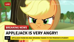 Size: 640x360 | Tagged: safe, edit, edited screencap, screencap, applejack, earth pony, pony, no second prances, angry, break your own news