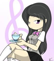 Size: 852x952 | Tagged: safe, artist:sandwich-anomaly, octavia melody, human, bowtie, clothes, humanized, kneesocks, miniskirt, school uniform, skirt, solo, tea, younger