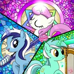 Size: 1500x1500 | Tagged: safe, artist:ringodaifuku, lyra heartstrings, minuette, twinkleshine, pony, unicorn, background pony, female, harp, magic, mare, musical instrument, my little pony logo, pixiv, stained glass, toothbrush