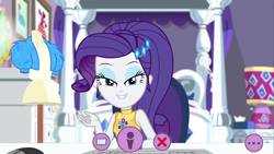 Size: 1280x720 | Tagged: safe, screencap, rarity, better together, equestria girls, festival looks, bed, clothes, geode of shielding, jacket, keyboard, lamp, looking at you, magical geodes, mannequin, rarity's bedroom, smiling, solo