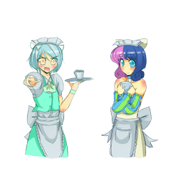 Size: 2500x2500 | Tagged: safe, artist:applestems, bon bon, lyra heartstrings, sweetie drops, clothes, cup, humanized, maid, plate