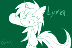 Size: 5625x3750 | Tagged: safe, artist:xodiaq, lyra heartstrings, pony, unicorn, bipedal, green background, monochrome, one eye closed, outline, simple background, smiling, solo, waving, wink