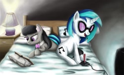 Size: 1225x741 | Tagged: safe, artist:fox-moonglow, dj pon-3, octavia melody, vinyl scratch, earth pony, pony, bed, lamp, readng