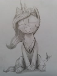 Size: 3096x4128 | Tagged: safe, artist:ironbeastz, princess celestia, alicorn, pony, cute, cutelestia, monochrome, smiling, solo, traditional art