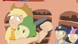 Size: 1255x718 | Tagged: safe, artist:karasu-96, applejack, spike, twilight sparkle, human, derp, gun, horned humanization, humanized, my little doomsday, police, scene interpretation, weapon