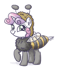 Size: 1000x1237 | Tagged: safe, artist:king-kakapo, sweetie belle, bee, animal costume, bee costume, clothes, costume, cute, diasweetes, looking at you, nose wrinkle, raised hoof, smiling, solo, standing, sweetie bee, twiface, wrong neighborhood